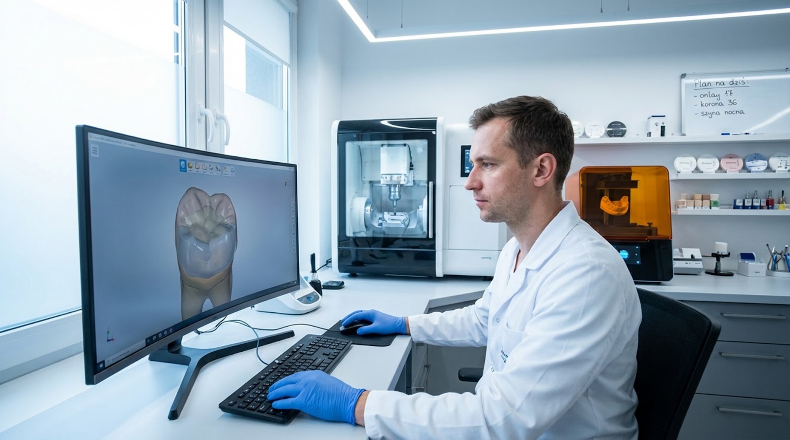 Technik dentystyczny w białym fartuchu i niebieskich rękawiczkach projektuje na monitorze komputerowym odbudowę zęba 3D. W tle widoczna nowoczesna frezarka stomatologiczna oraz systemy do cyfrowej produkcji uzupełnień protetycznych.