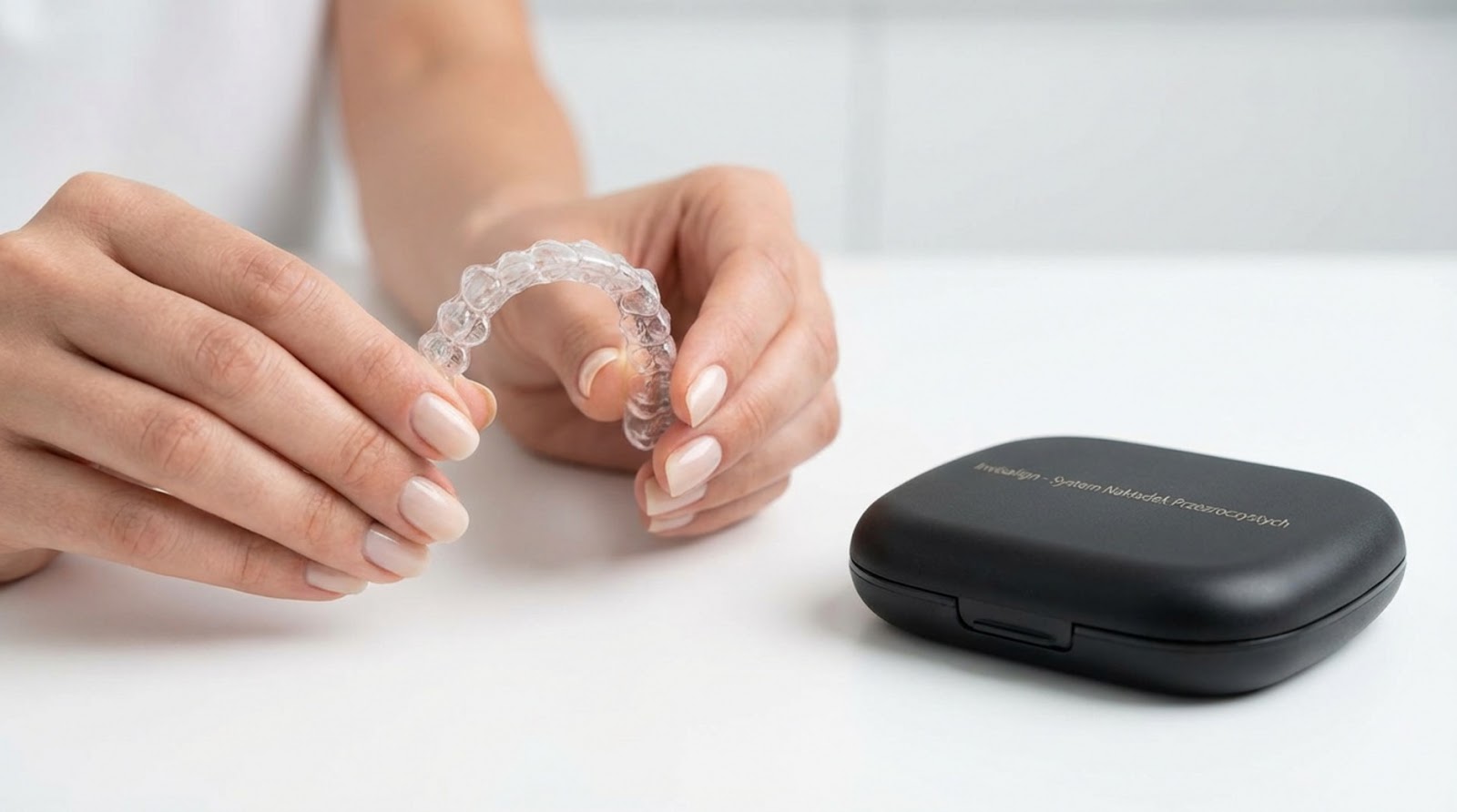 Dłonie kobiety trzymającej przezroczystą nakładkę ortodontyczną Invisalign nad białym blatem, obok czarnego, eleganckiego etui z napisem "System Nakładek Przezroczystych".