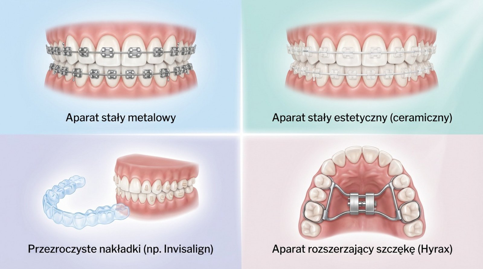 Ilustracja przedstawiająca różne rodzaje aparatów ortodontycznych: aparat stały metalowy, aparat stały estetyczny (ceramiczny), przezroczyste nakładki (np. Invisalign), aparat rozszerzający szczękę (Hyrax)