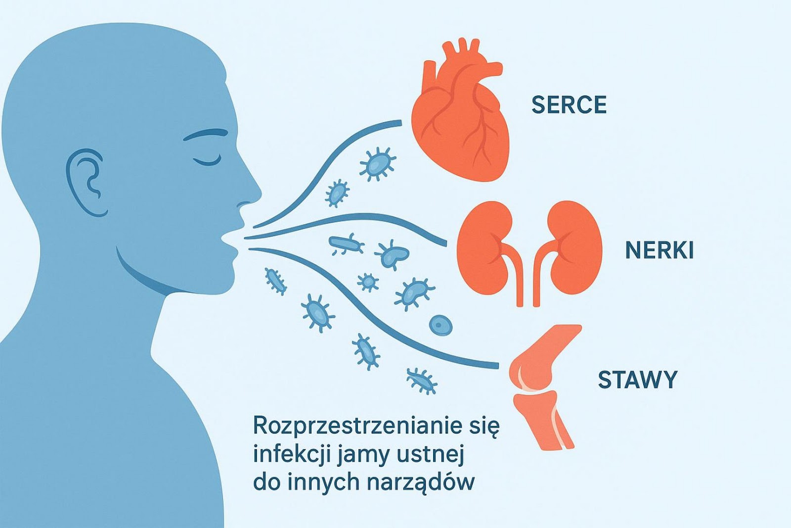 Ilustracja przedstawiająca rozprzestrzenianie się infekcji jamy ustnej do innych narządów: serce, nerki, stawy