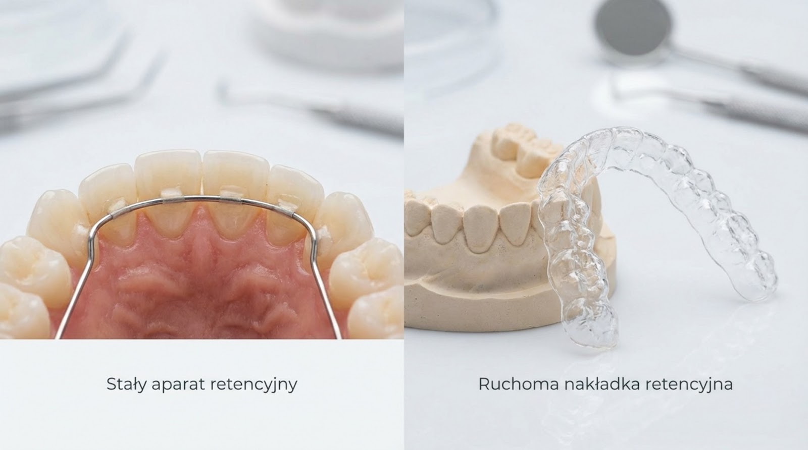 Porównanie dwóch rodzajów retencji ortodontycznej: stały drut retencyjny przyklejony do wewnętrznej strony zębów oraz przezroczysta, ruchoma nakładka retencyjna obok modelu gipsowego.
