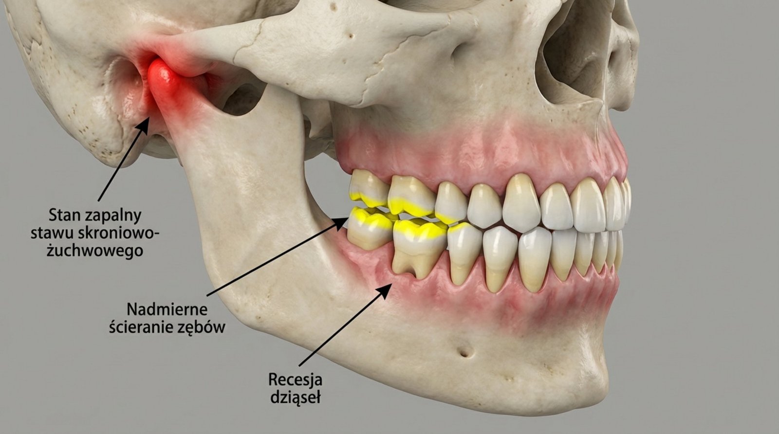 Ilustracja przedstawiająca stan zapalny stawu skroniowo-żuchwowego, nadmierne ścieranie zębów i recesję dziąseł