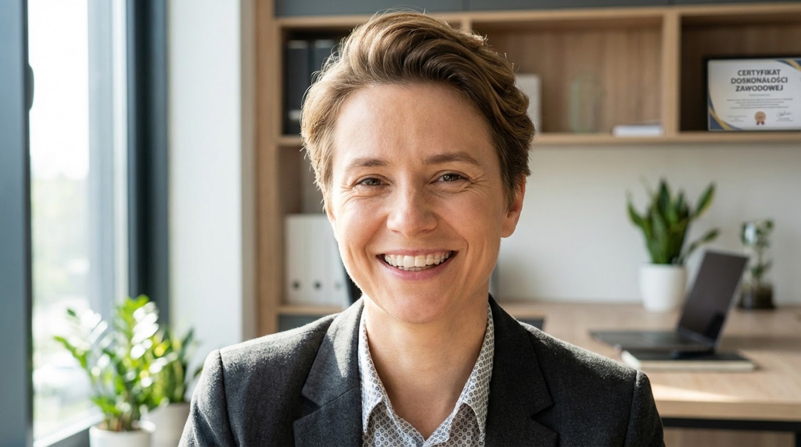 Portret uśmiechniętej kobiety o krótkich włosach, ubranej w ciemną marynarkę, znajdującej się w nowoczesnym biurze. W tle widoczny regał z certyfikatem "Certyfikat Doskonałości Zawodowej", rośliny doniczkowe oraz laptop na biurku.