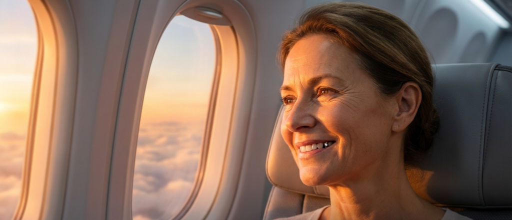 Portret uśmiechniętej kobiety siedzącej w samolocie przy oknie, przez które wpada złote światło zachodzącego słońca.