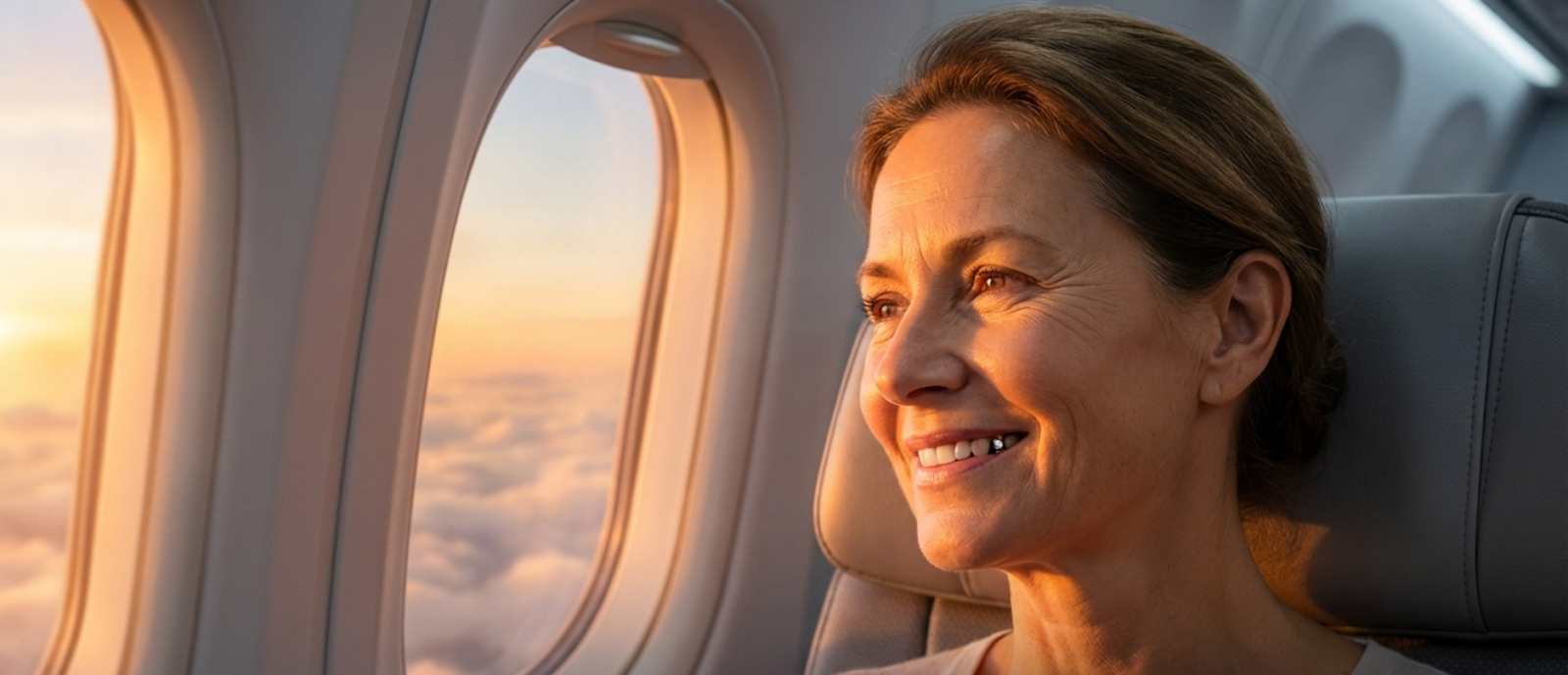 Portret uśmiechniętej kobiety siedzącej w samolocie przy oknie, przez które wpada złote światło zachodzącego słońca.
