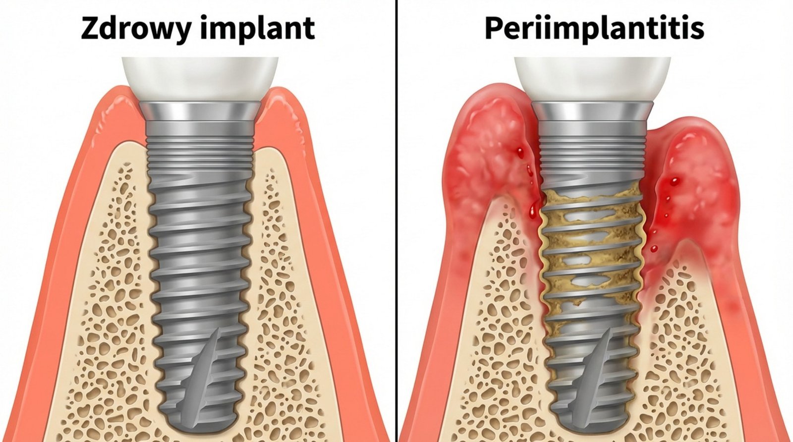Porównanie zdrowego implantu z periimplantitis, z oznaczeniami choroby wokół implantu
