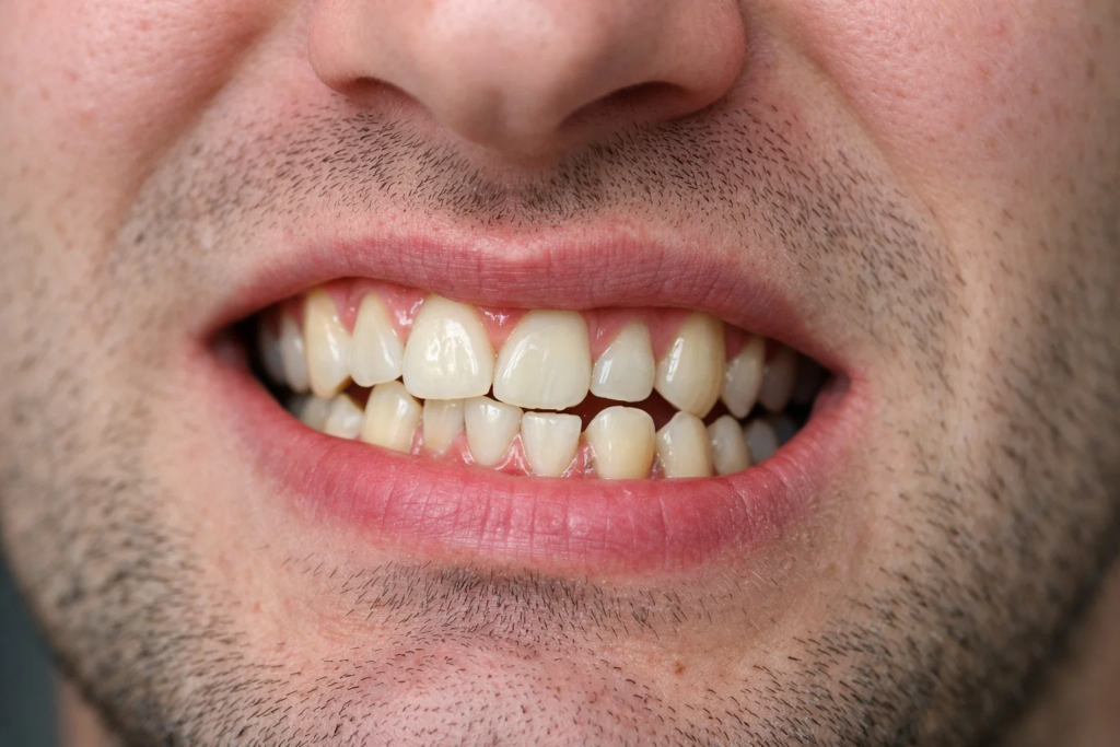 Zbliżenie na uśmiech mężczyzny ze zgryzem krzyżowym