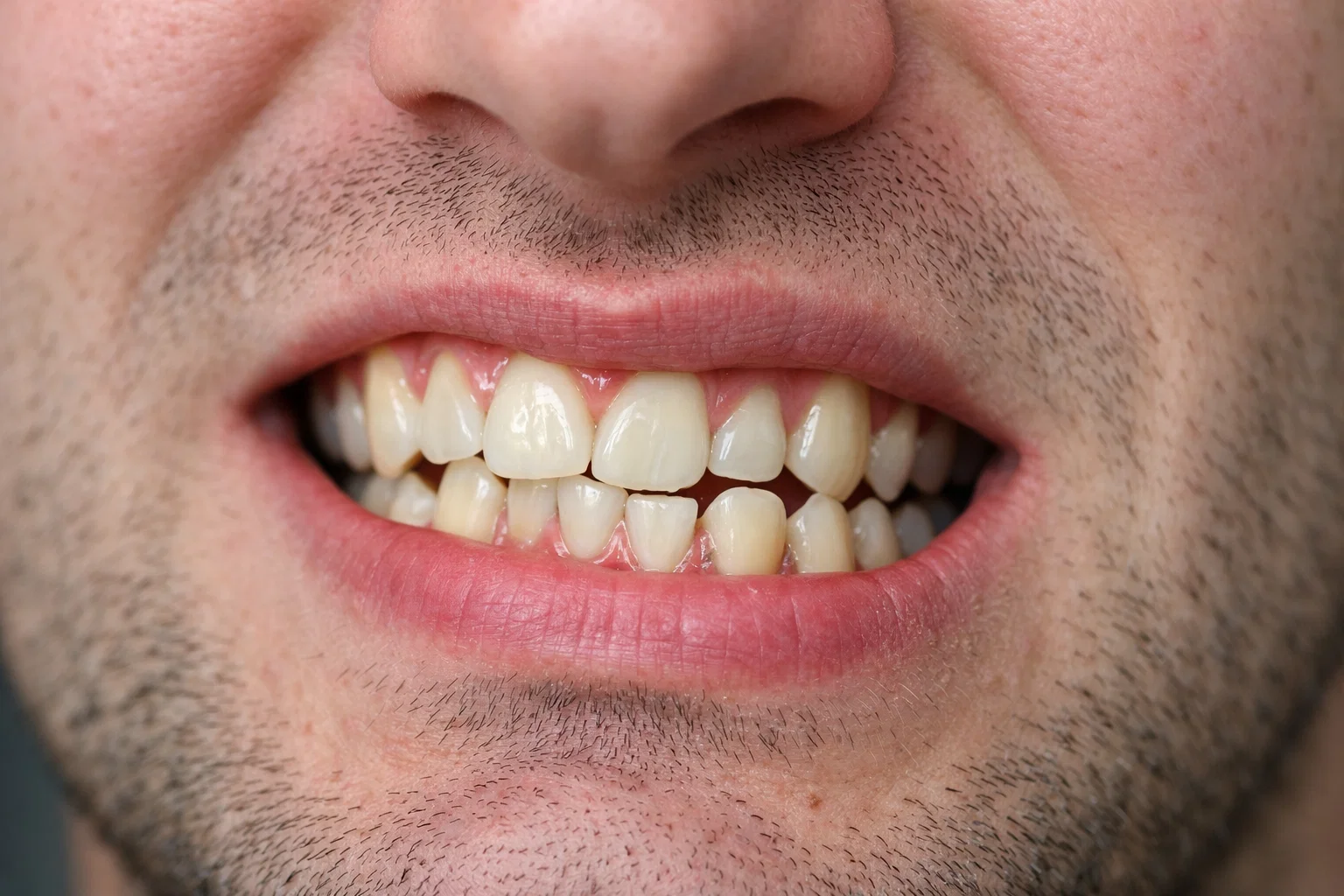 Zbliżenie na uśmiech mężczyzny ze zgryzem krzyżowym