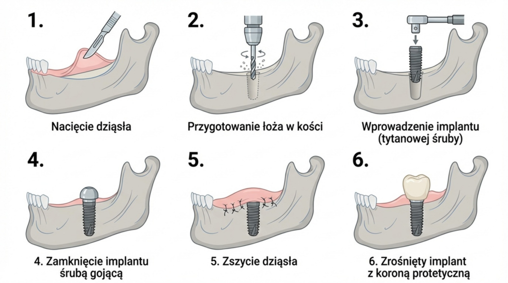 Infografika pokazująca sześć kroków procedury implantologicznej: od nacięcia dziąsła i przygotowania łoża, przez wprowadzenie tytanowej śruby, aż po zamocowanie korony protetycznej.