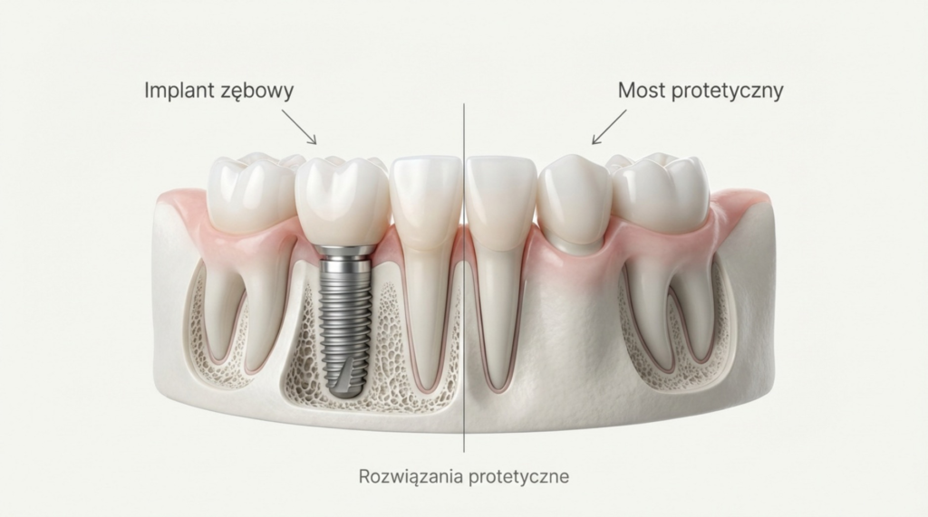Porównanie dwóch rozwiązań protetycznych: po lewej implant zębowy osadzony w kości, po prawej most protetyczny oparty na sąsiednich zębach.