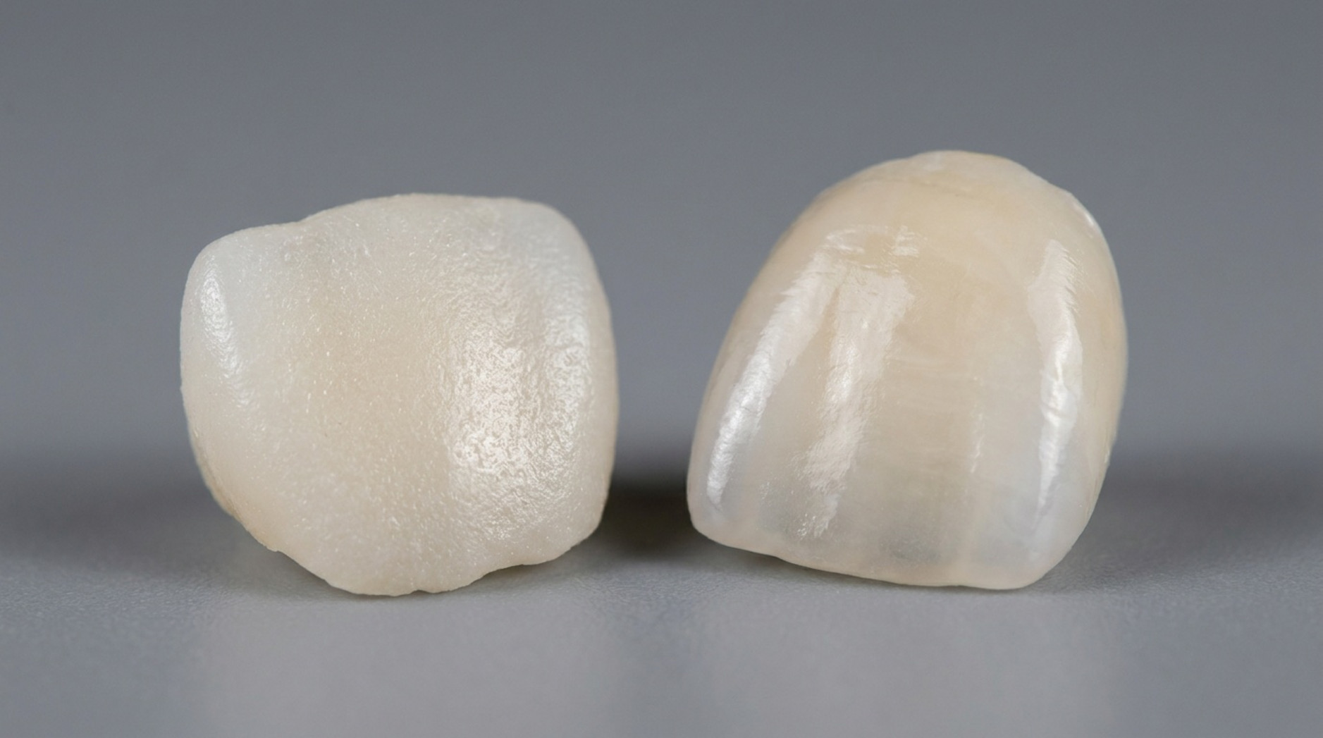 Porównanie dwóch materiałów stomatologicznych kompozytu i porcelany, ukazujące różnice w strukturze i połysku dla celów porównania jakości, zaprezentowane na szarym tle.
