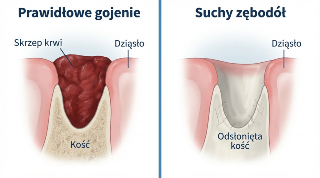 Porównanie procesu gojenia rany po usunięciu zęba: po lewej widoczny prawidłowy skrzep krwi chroniący kość, po prawej suchy zębodół z odsłoniętą kością i brakiem skrzepu.