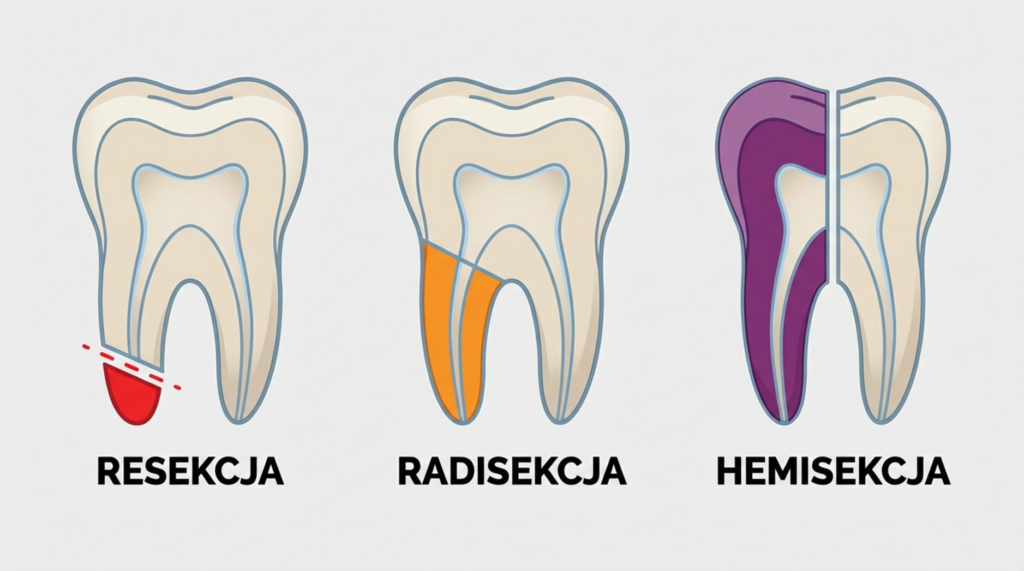 Schematyczne porównanie trzech zabiegów ratujących zęby: resekcji wierzchołka korzenia, radisekcji (usunięcia jednego korzenia) oraz hemisekcji (podziału zęba na pół).