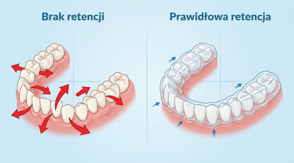 Infografika porównująca brak retencji po leczeniu ortodontycznym (rozsuwające się zęby) z prawidłową retencją przy użyciu przezroczystej nakładki utrzymującej zęby w miejscu.