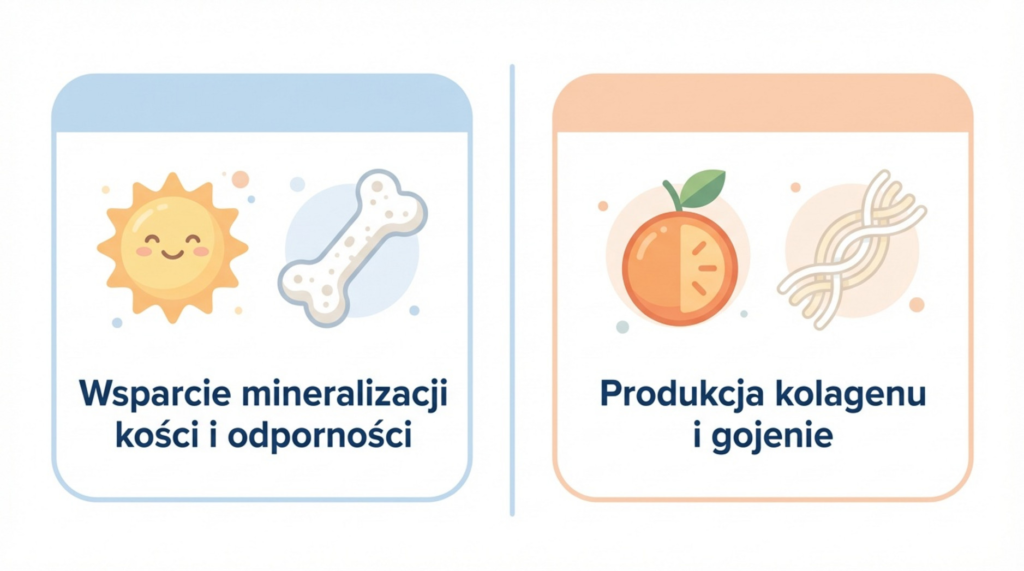 Ilustracja przedstawiająca korzyści płynące z przyjmowania witamin: słońce i kość symbolizujące wsparcie mineralizacji oraz pomarańcza i włókna symbolizujące produkcję kolagenu.