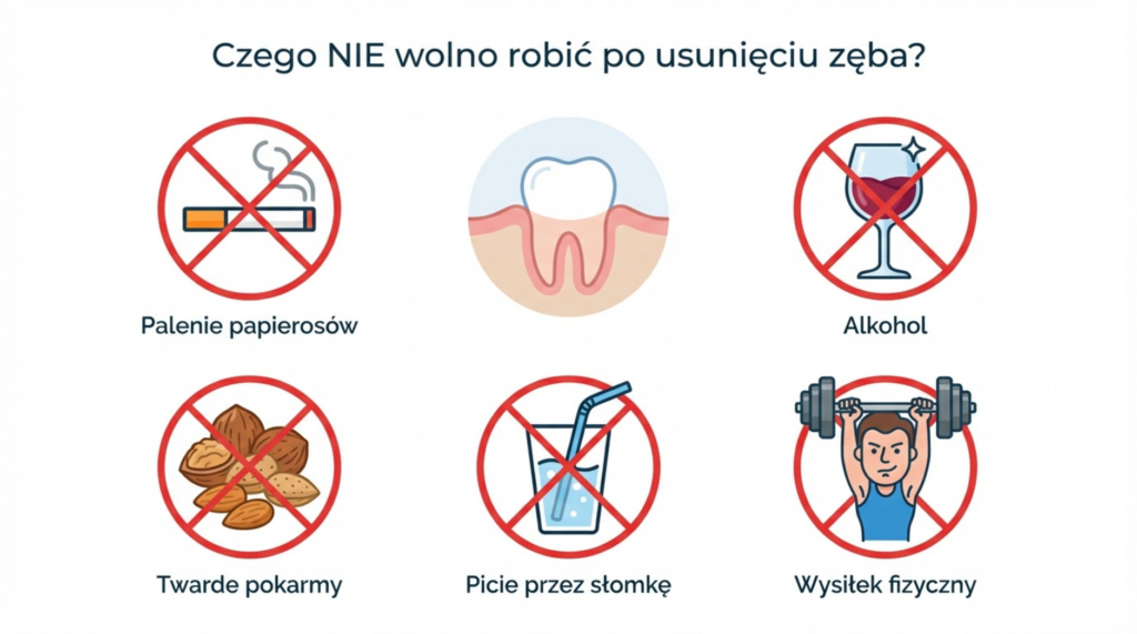 Infografika przedstawiająca zakazy po ekstrakcji zęba: palenie papierosów, picie alkoholu, jedzenie twardych pokarmów, picie przez słomkę oraz intensywny wysiłek fizyczny.